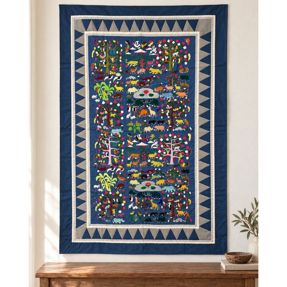 Hmong Embroidered Story Cloth Animal Wall Hanging Navy Folk Art Textile 34x50